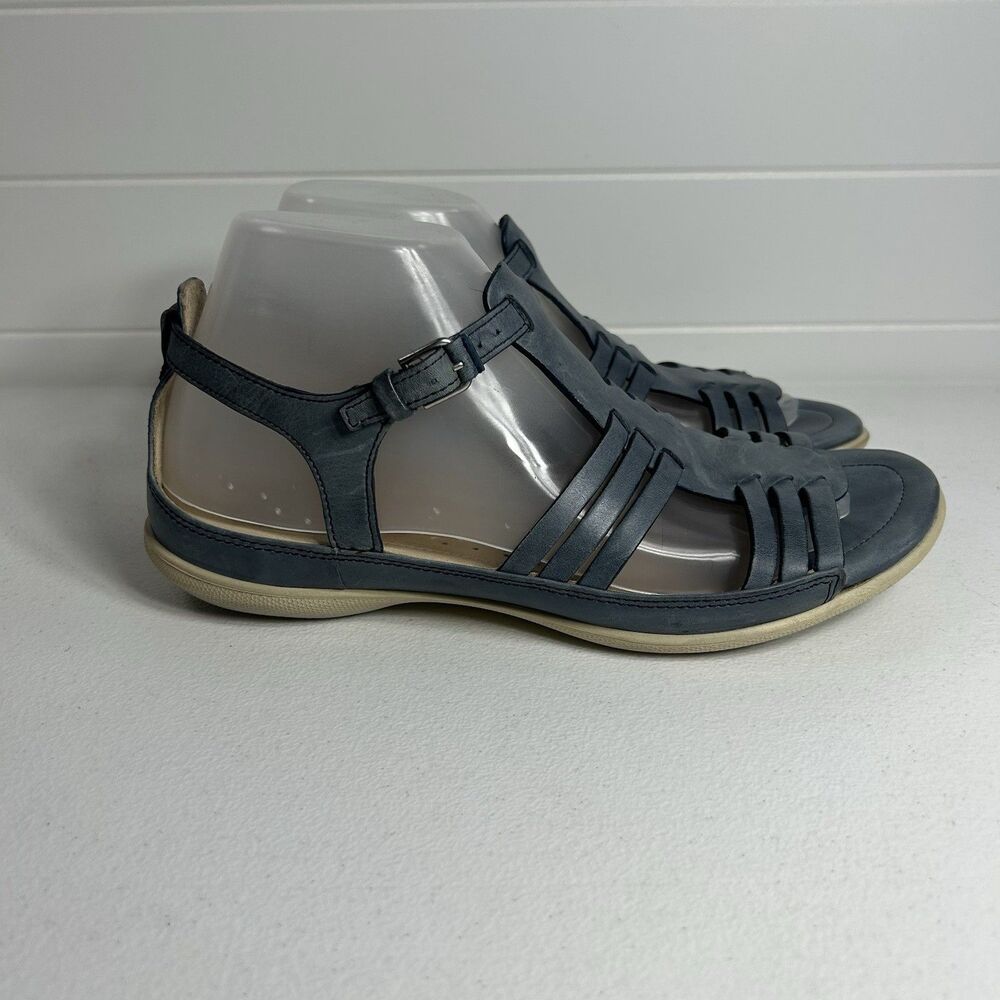 ECCO Women’s Blue Leather Strappy Flat Sandals EU 40 US 9 Adjustable Buckle